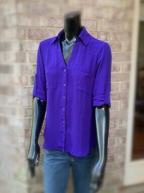 Express Portofino Shirt Slim Fit Collared Roll Up Sleeve Blouse SzS